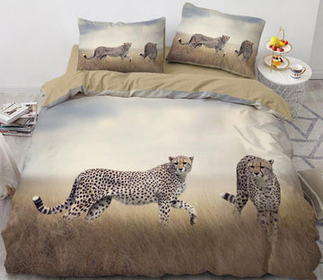 3D Grassland Two Leopards 063 Bed Pillowcases Quilt