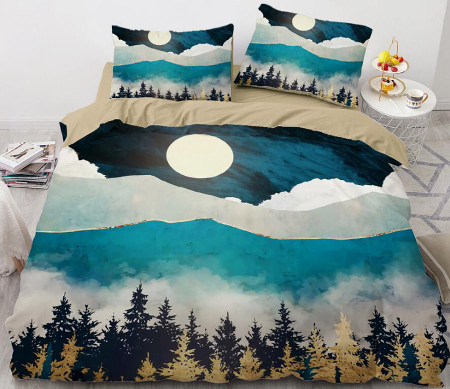3D Forest Mountain Moon 8876 Bed Pillowcases Quilt