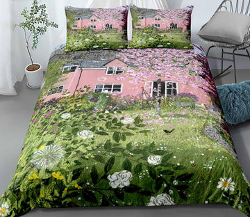 3D Pink House Grass Flower Bush 1135 Bed Pillowcases Quilt