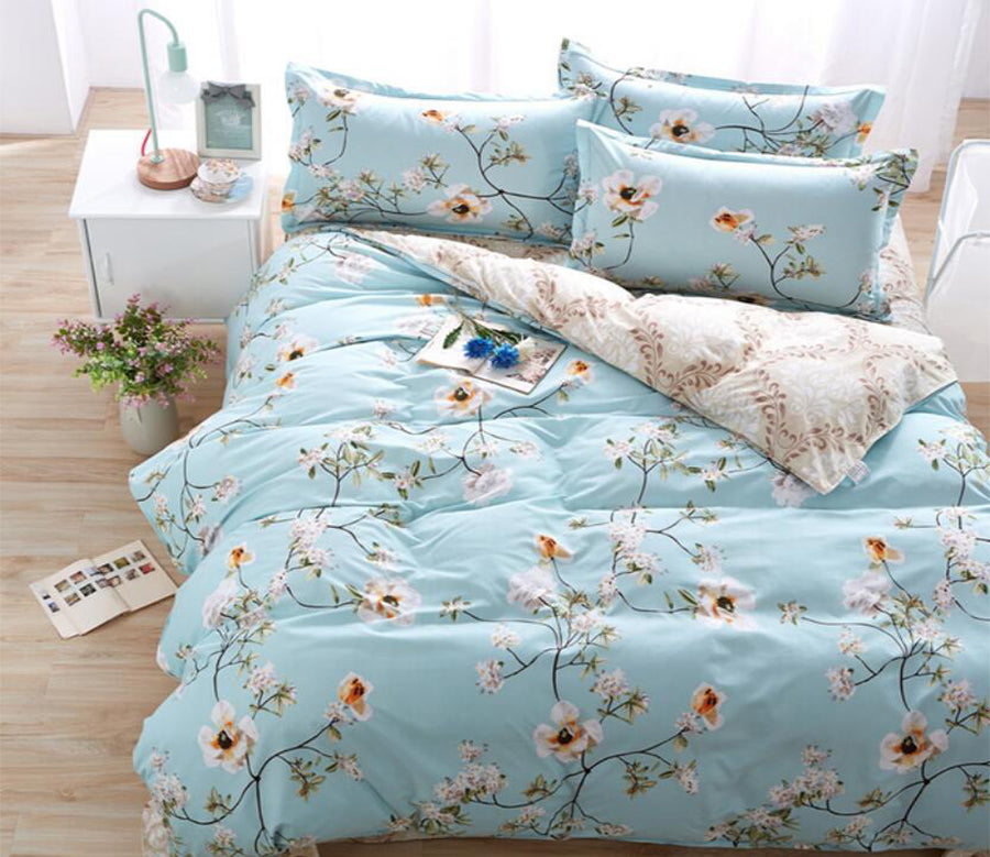 3D Light Blue Bottom White Flower 1009 Bed Pillowcases Quilt