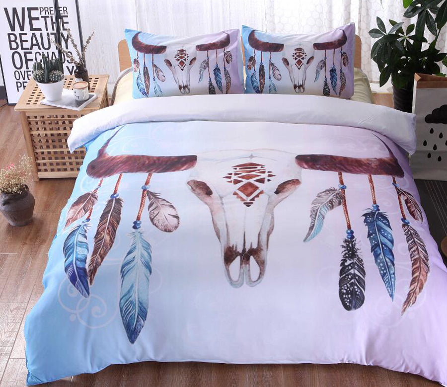 3D Deer Head Feather 9966 Bed Pillowcases Quilt