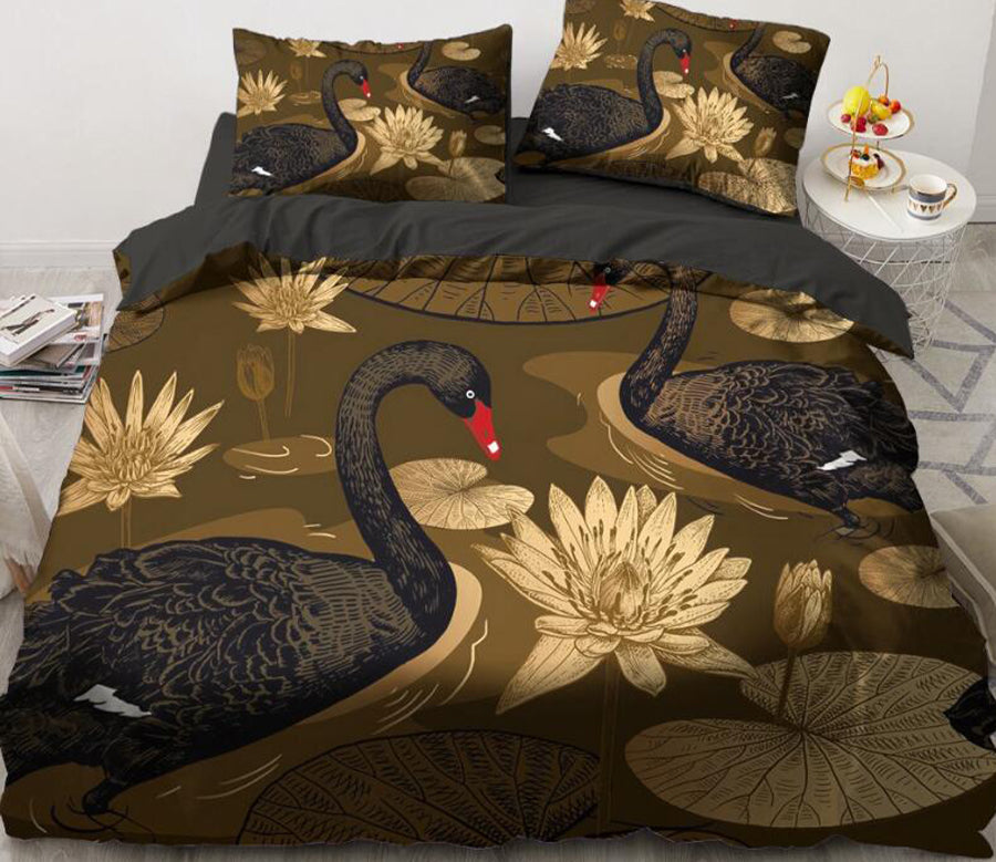 3D Black Swan Golden Lotus 5531 Bed Pillowcases Quilt