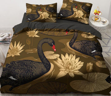 3D Black Swan Golden Lotus 5531 Bed Pillowcases Quilt