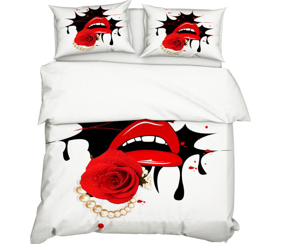 3D Red Lips Rose 11159 Bed Pillowcases Quilt