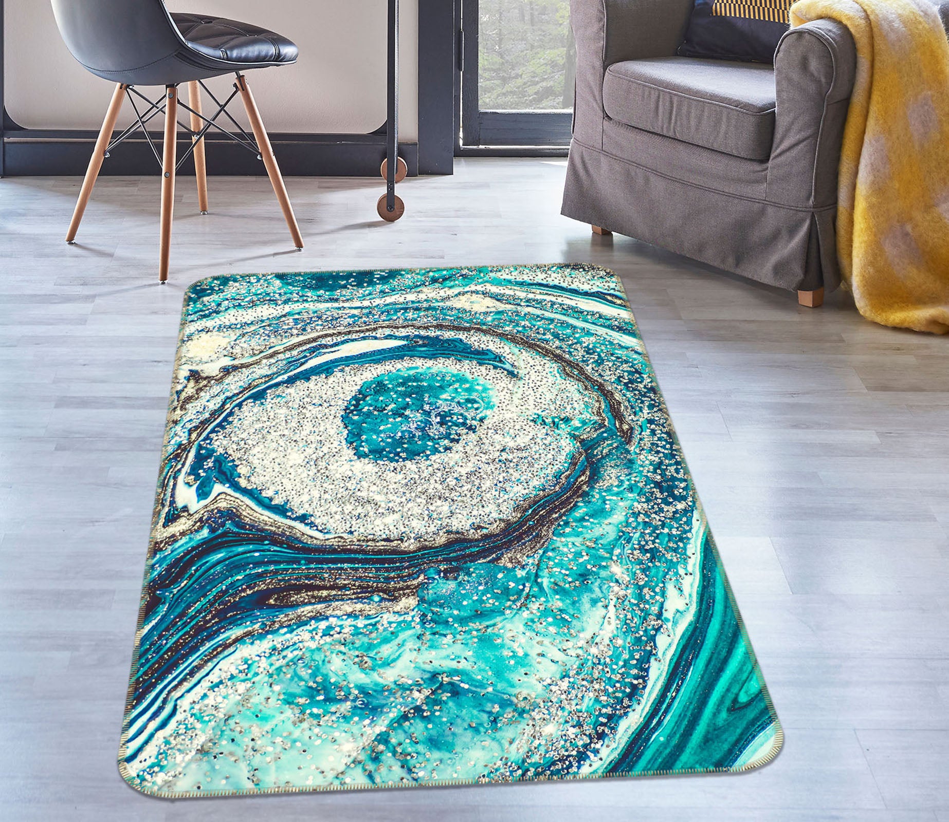 3D Blue-Green Pattern Lines 26077 Non Slip Rug Mat