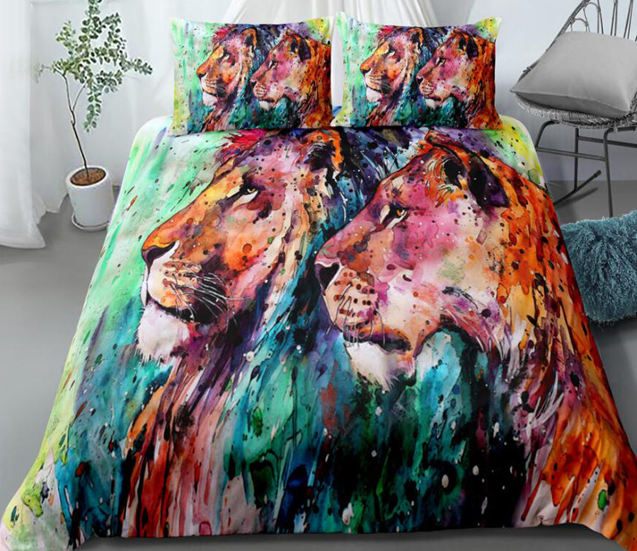 3D Two Lions Watercolor 009 Bed Pillowcases Quilt