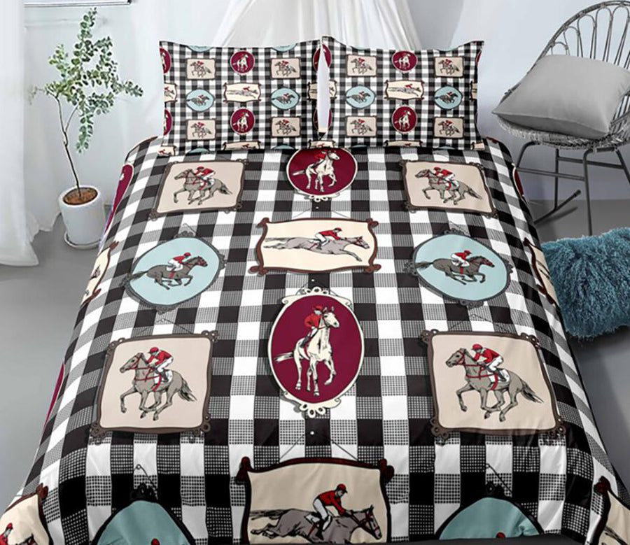 3D Black And White Lattice Horse 0123 Bed Pillowcases Quilt