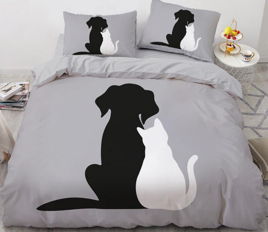 3D Cartoons Black Dog And White Cat Back View 55167 Bed Pillowcases Quilt