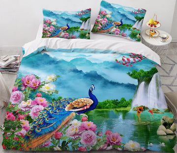 3D Peacock Flower Lake 082 Bed Pillowcases Quilt