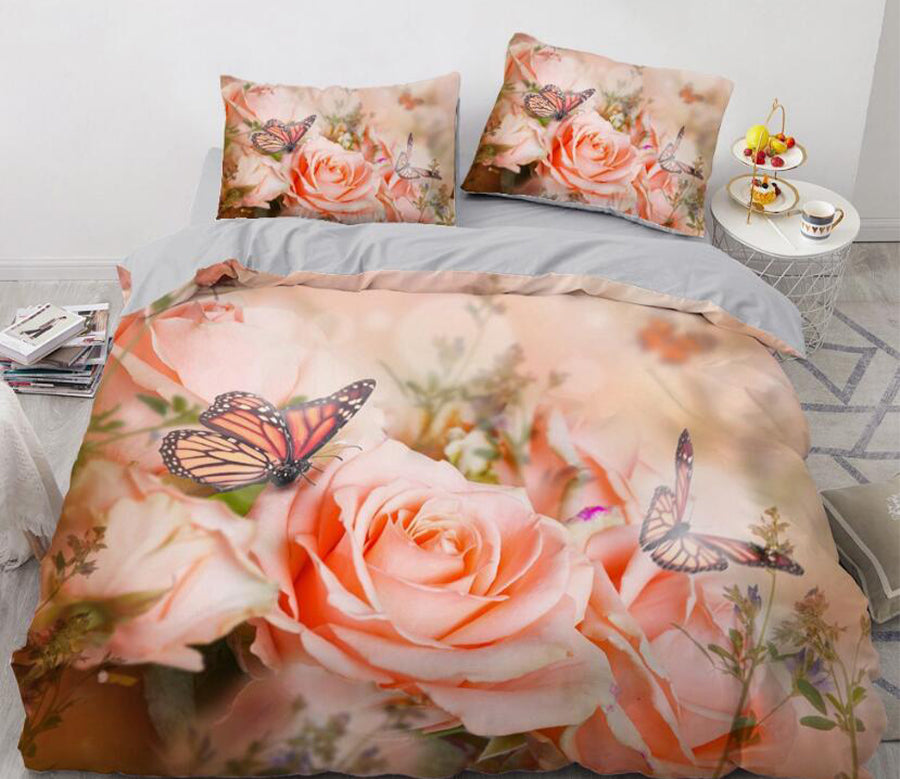 3D Flesh Rose Butterfly 9177 Bed Pillowcases Quilt