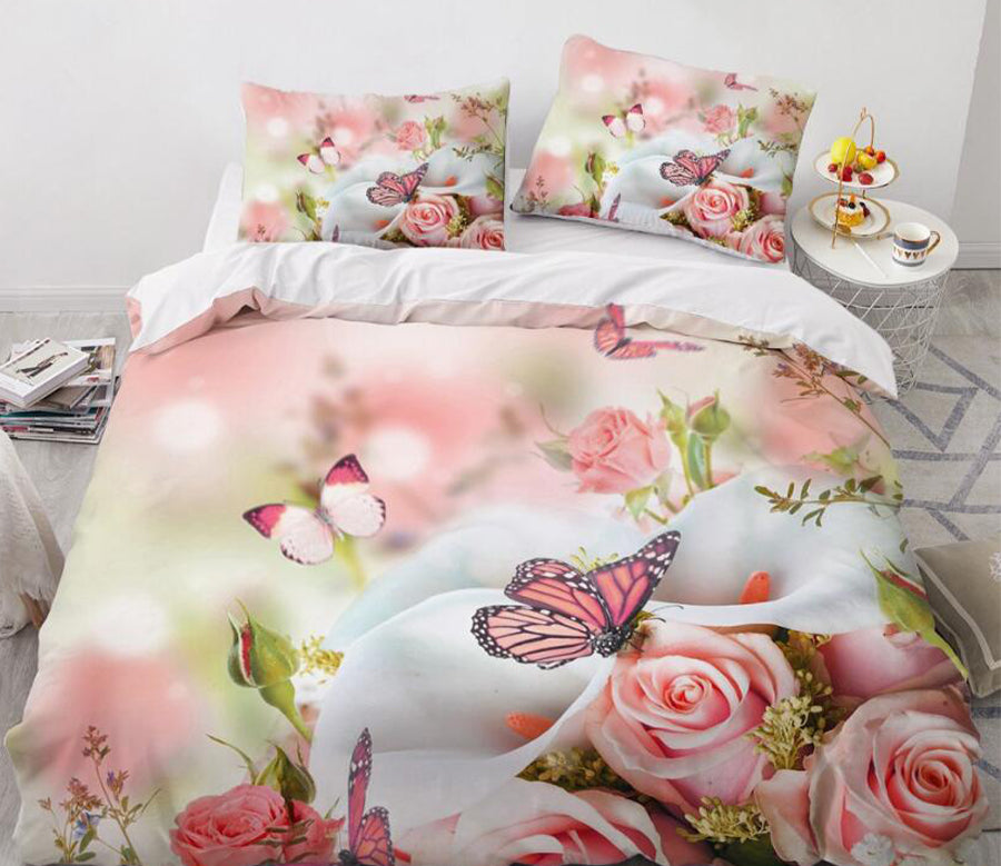 3D Pink Rose Butterfly 9181 Bed Pillowcases Quilt