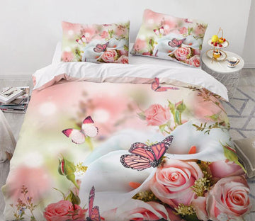 3D Pink Rose Butterfly 9181 Bed Pillowcases Quilt