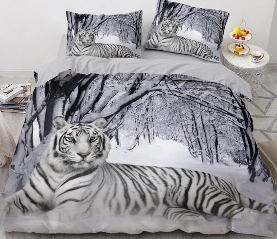 3D White Tiger Snow Forest 9954 Bed Pillowcases Quilt