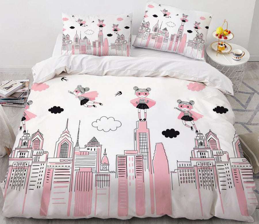 3D Cartoons Pink City Girl 013 Bed Pillowcases Quilt