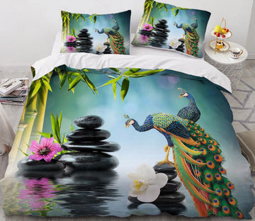 3D Peacock Bamboo Stone 083 Bed Pillowcases Quilt