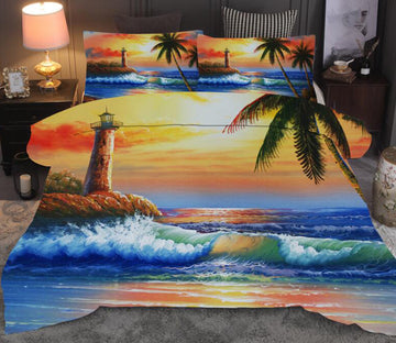 3D Seaside Lighthouse Coconut Tree 6698 Bed Pillowcases Quilt