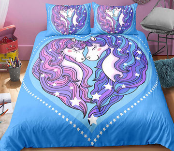 3D Love Two Unicorns Blue 0078 Bed Pillowcases Quilt