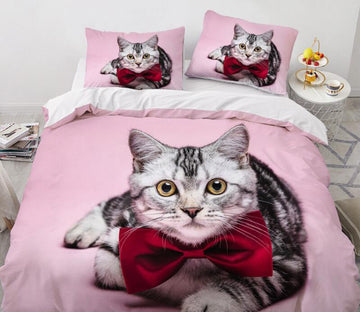 3D Cat Wearing A Bow 77118 Bed Pillowcases Quilt