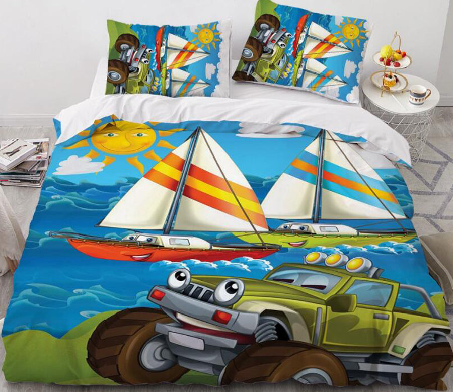 3D Cartoons Car Sailboat 040 Bed Pillowcases Quilt