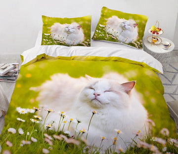 3D White Cat Grass 77129 Bed Pillowcases Quilt