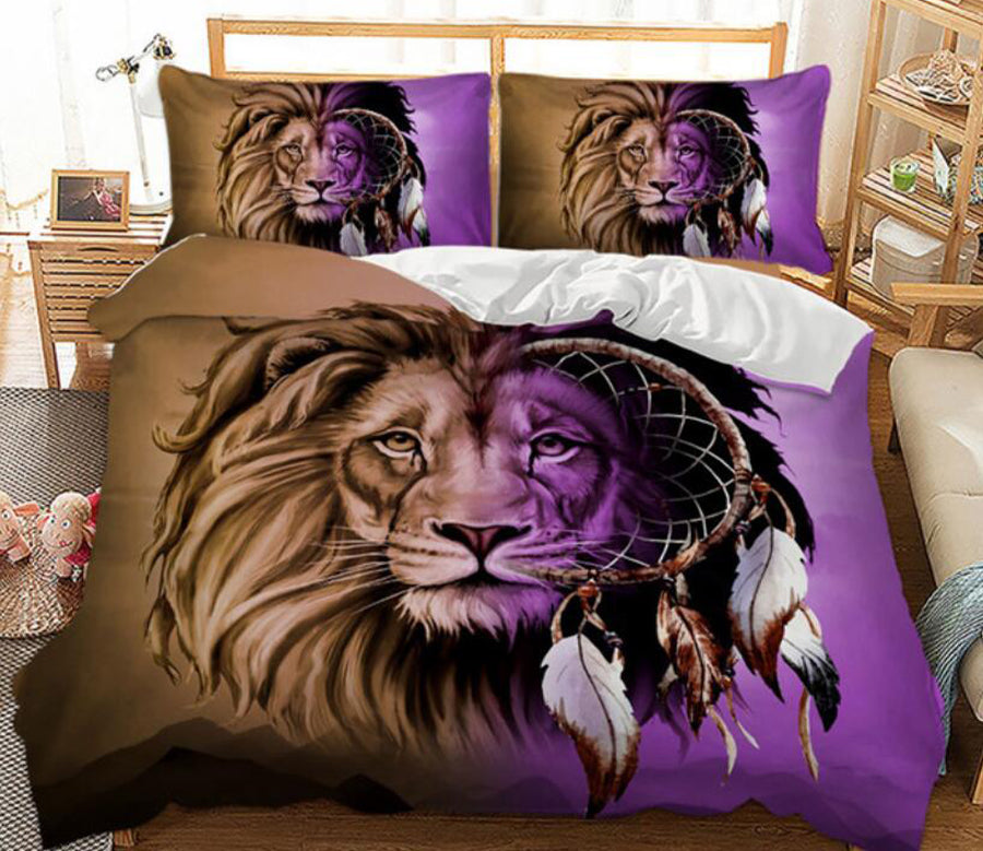 3D Lion Purple Purple Brown 6689 Bed Pillowcases Quilt