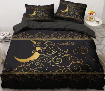 3D Black Background Golden Moon Cloud 5530 Bed Pillowcases Quilt