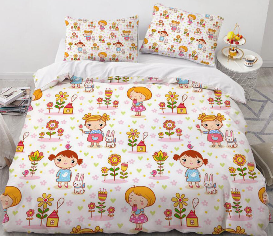 3D Cartoons Little Girl Floret 010 Bed Pillowcases Quilt