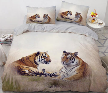 3D Two Tigers Grassland 9958 Bed Pillowcases Quilt