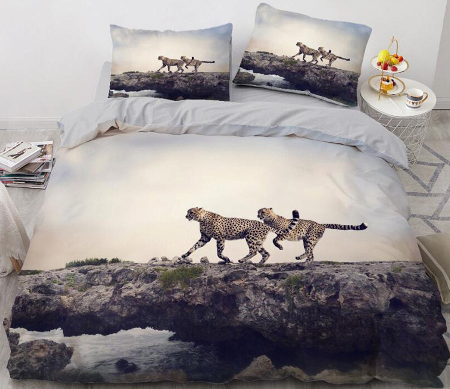 3D Two Leopards Seaside Stones 060 Bed Pillowcases Quilt
