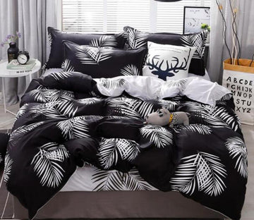 3D White Leaves On Black 66199 Bed Pillowcases Quilt