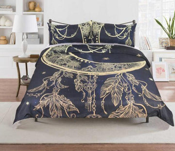 3D Golden Moon Feather 66164 Bed Pillowcases Quilt