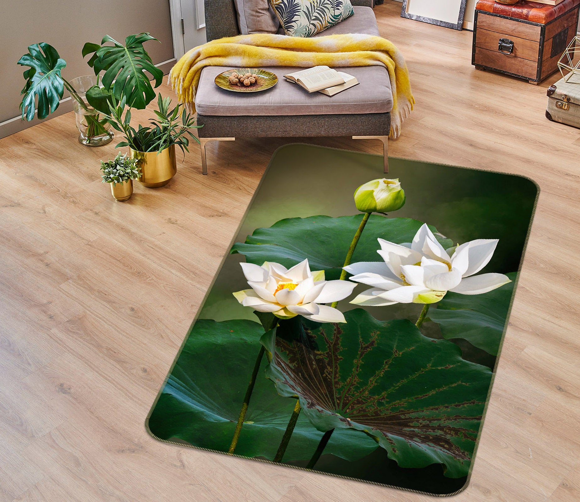 3D White Lotus 26100 Non Slip Rug Mat
