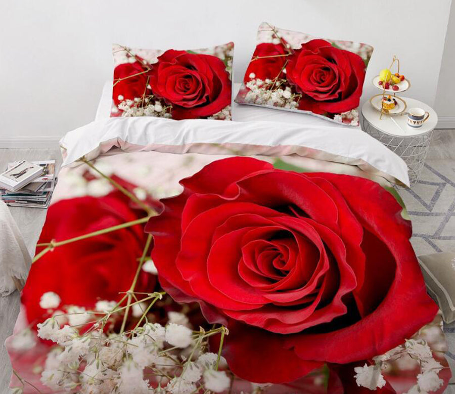 3D Red Rose 9195 Bed Pillowcases Quilt