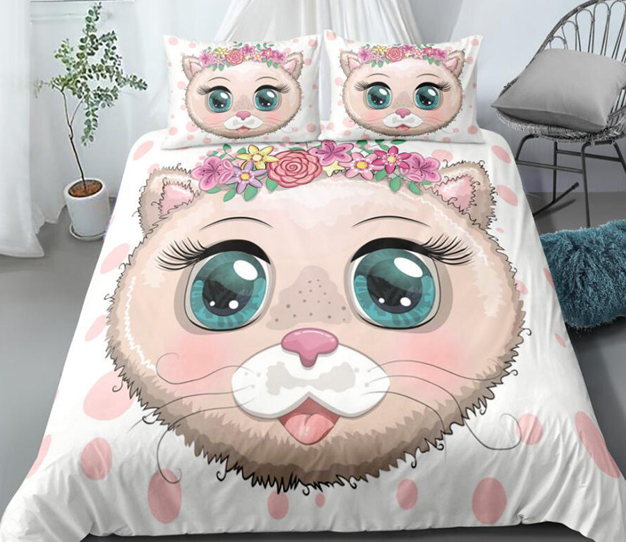 3D Cat Pink Dots Flower 0090 Bed Pillowcases Quilt
