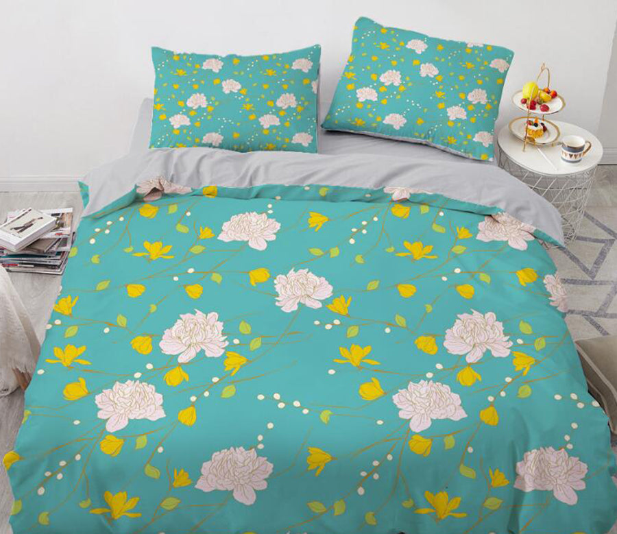 3D Green Background White Flower 7708 Bed Pillowcases Quilt