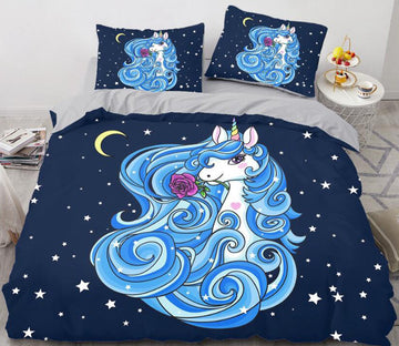 3D Blue Unicorn 144 Bed Pillowcases Quilt