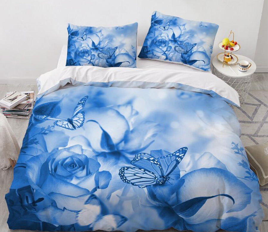 3D Blue Rose Butterfly 9179 Bed Pillowcases Quilt