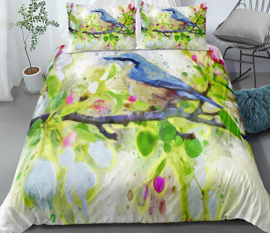 3D Sparrow Green Watercolor Branches 1112 Bed Pillowcases Quilt