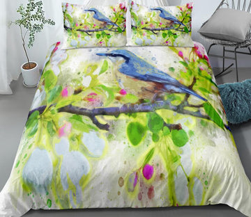 3D Sparrow Green Watercolor Branches 1112 Bed Pillowcases Quilt