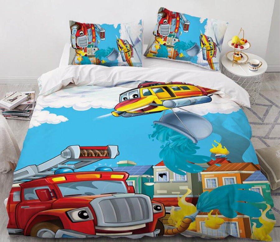 3D Cartoons Fire Truck 038 Bed Pillowcases Quilt