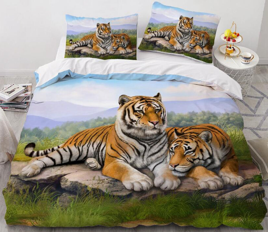 3D Grass Two Tigers 9955 Bed Pillowcases Quilt