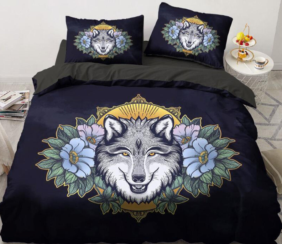 3D Wolf Head Flower 88119 Bed Pillowcases Quilt