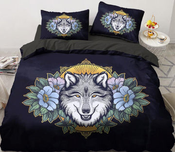 3D Wolf Head Flower 88119 Bed Pillowcases Quilt