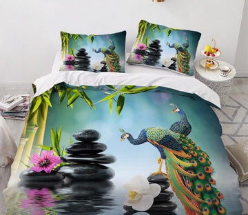 3D Peacock Stone 9113 Bed Pillowcases Quilt