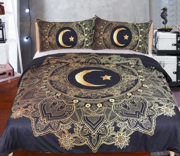 3D Black Background Golden Moon Pattern 5512 Bed Pillowcases Quilt