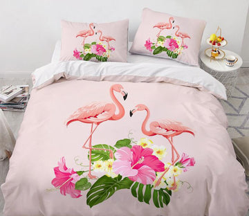 3D Two Flamingos Flower 7756 Bed Pillowcases Quilt