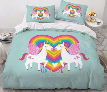 3D Love Rainbow Two Unicorns 170 Bed Pillowcases Quilt