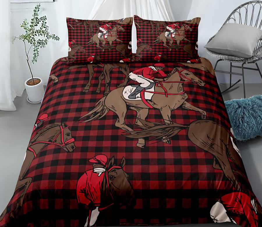 3D Horse Riding Red Plaid 1118 Bed Pillowcases Quilt