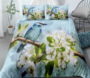 3D Blue Little Bird Flower 0074 Bed Pillowcases Quilt