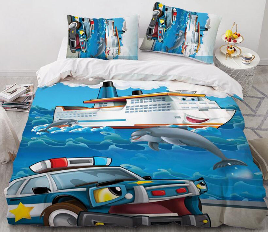 3D Cartoons Police Car Steamship 041 Bed Pillowcases Quilt